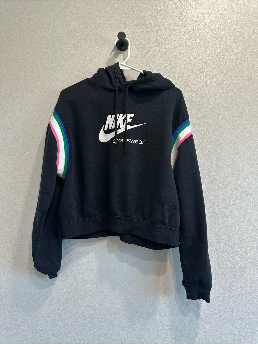 Nike Heritage medium Black Cropped Hoodie with Rainbow Sleeve Stripes